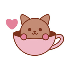 Cute kawaii cat curled up in a pink teacup with hearts vector illustration isolated on white background