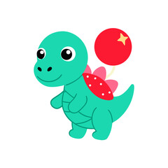 Cute smiling baby dinosaur holding a red balloon vector illustration isolated on white background