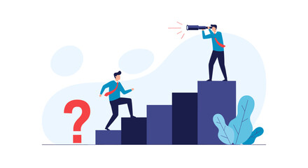 Obraz premium Business leaders climbing stairs with a question mark and spyglass symbolizing strategic planning and future vision.