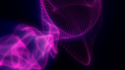 Vivid magenta light waves twist and flow across a dark background, forming dynamic abstract loops in a digital mesh style