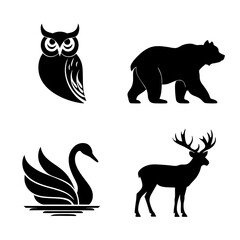 Four animal silhouettes owl, bear, swan, deer