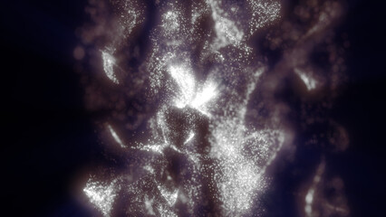 Bright white glowing particles swirling in an abstract cosmic energy field