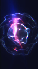 A mysterious, glowing sphere filled with energy waves in purple and blue hues. The glowing surface and ethereal light effects suggest a digital or futuristic design
