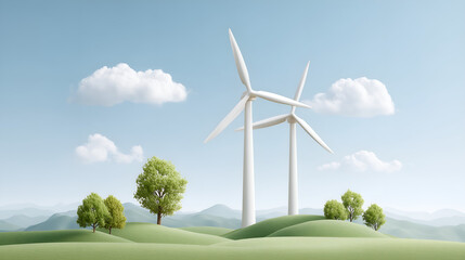 Illustration Of Wind Turbines On Green Hills Under Blue Sky Representing Renewable Energy And Sustainable Environment Concept