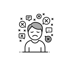 Sad Person Surrounded by Negative Communication Symbols and Thoughts.