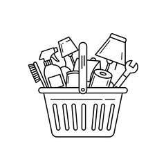 Shopping basket filled with various household items and tools.