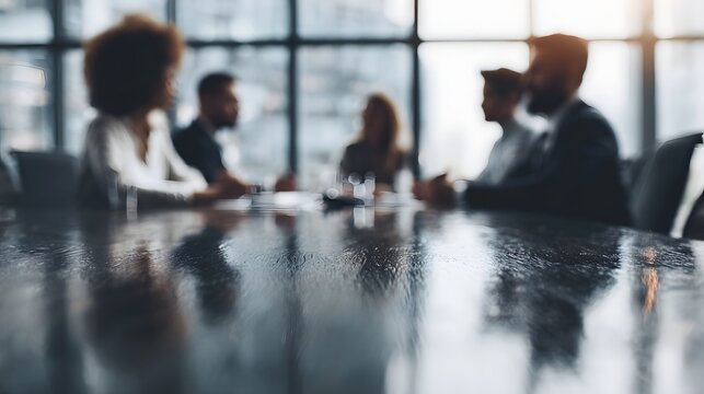 Blurred scene of a diverse business team collaborating around a conference table in a modern office