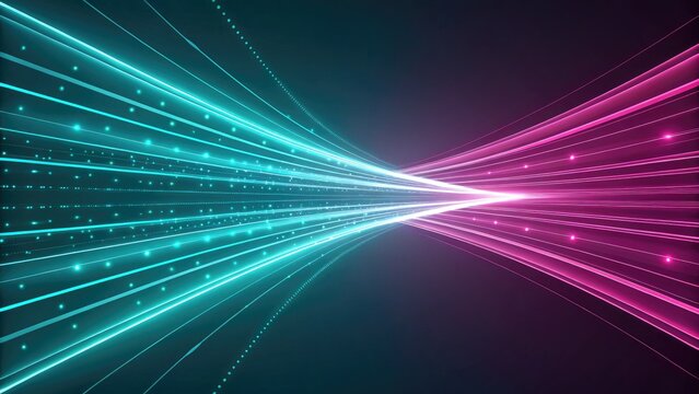 Abstract flowing lines of neon light trails in turquoise and pink against dark, representing data transfer or speed - Powered by Adobe