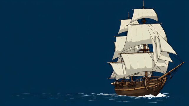 A digitally drawn, cartoonish, sailing ship with white sails on a dark blue sea. The vessel has a wooden hull