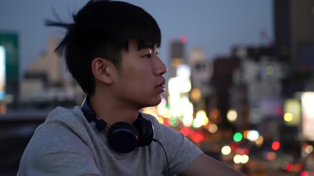 A pensive young Asian man with headphones around his neck looks out over a blurry city skyline at dusk.