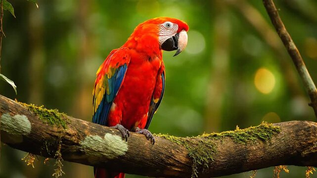 A vibrant red scarlet macaw parrot with blue and yellow wings perched on a mossy tree branch in a lush green jungle.