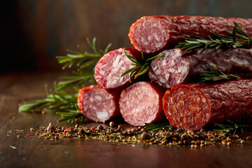 Smoked and dry cured sausages on a old wooden table.