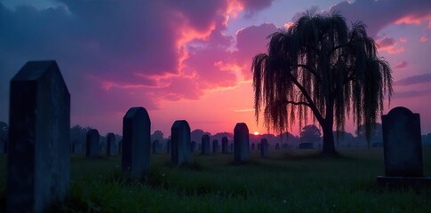 Serene Graveyard at Dusk Weeping Willows and Headstones under a Twilight Sky