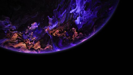 Mystical Galactic Orb: Dynamic Fluid Art in Deep Purple and Fiery Orange on Black