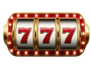Slot Machine with Three Spinning Wheels and Sevens isolated on a transparent background