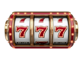 Three spinning slot machine reels with sevens isolated on a transparent background