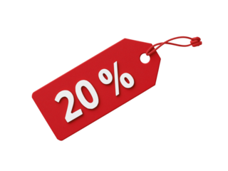 Red price tag with 20 percent isolated on a transparent background