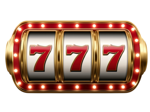 Slot Machine with Three Spinning Wheels and Sevens isolated on a transparent background