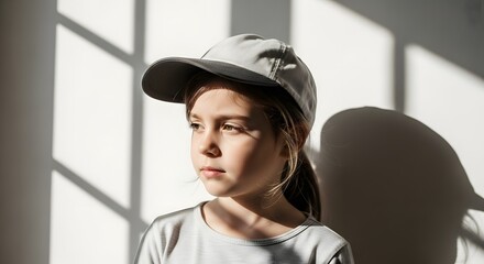 A young girl wearing a cap stands in soft light, shadows playfully dance upon the white wall behind her.