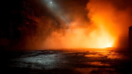 Obraz premium Dramatic industrial interior filled with orange smoke and intense heat from molten metal creating a powerful glowing atmosphere
