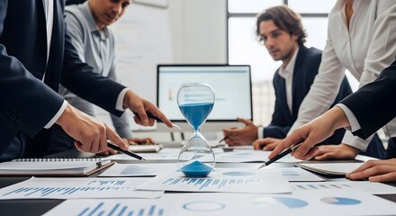Business meeting focuses on data analysis while facing a time-sensitive hourglass deadline approach.