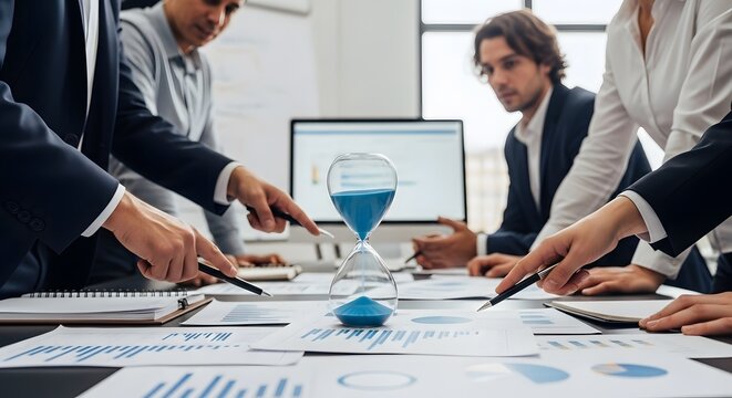 Business meeting focuses on data analysis while facing a time-sensitive hourglass deadline approach.