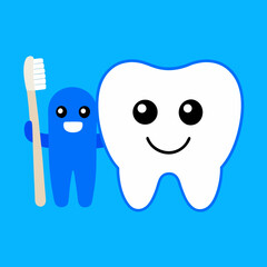 Kawaii smiling tooth and toothbrush vector illustration for dental health education isolated on white background