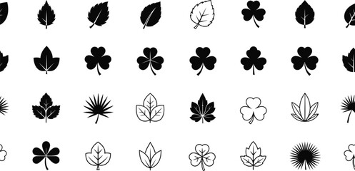 Assorted Leaves Icon Set, Leaf Clipart, Outlines, Foliage, Black on White