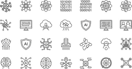 Artificial intelligence, machine learning, neural network, data science, cloud computing, cybersecurity, robotics, AI brain icons, black and white vector set, outline