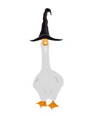 Cute goose in a witch hat portrait. Halloween design character, vector isolated illustration