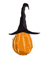 Cartoon Halloween pumpkin in a witch hat isolated on white background. Halloween decor element. Vector isolated illustration.