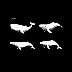 Whales Silhouettes Collection on Black Background