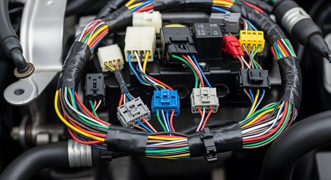 A complex and colorful array of wiring and connectors. The heart of innovation exposed, precision shown.