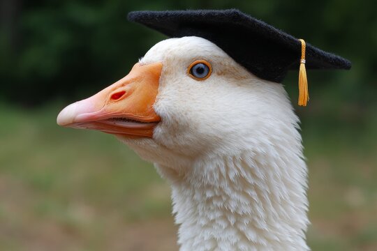 White goose wearing graduation cap with tassel