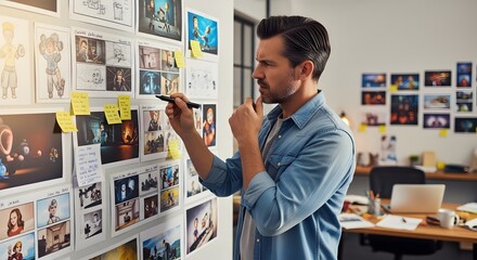 Man contemplates animation storyboard ideas, writing notes and visualizing film creation process.