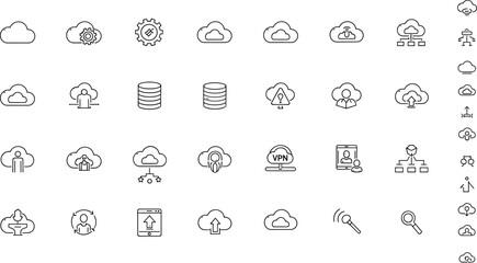Cloud computing, data management, storage, network services, VPN, database, user access, security icons, black and white vector set, outline