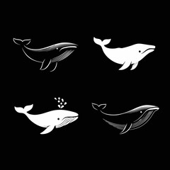 Four stylized whales on a black background