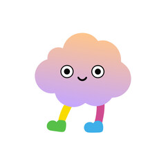 Adorable kawaii style cloud character walking on a colorful rainbow vector illustration isolated on white background