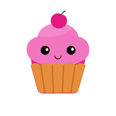 Cute kawaii pastel cupcake illustration with pink frosting and cherry vector art isolated on white background