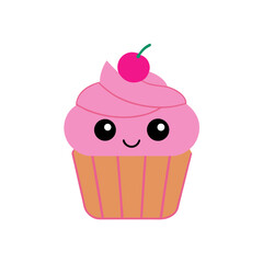 Cute kawaii pastel cupcake vector illustration with pink frosting and cherry isolated on white background