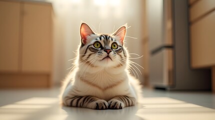 A domestic tabby cat with striking green eyes lying on a sunlit kitchen floor.