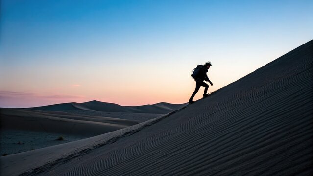 Silhouette of lone hiker climbing steep sand dune at sunset, symbolizing perseverance and adventure - Powered by Adobe