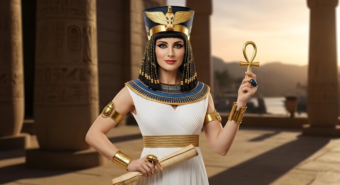 Elegant woman embodies Egyptian royalty with golden jewelry, holding an ankh and a scroll artifact. - Powered by Adobe