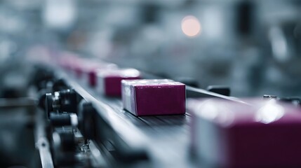 Purple boxes moving on a conveyor belt in a modern manufacturing production line