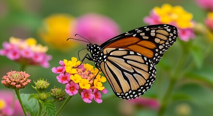 Fototapeta premium Monarch butterfly rests on vibrant pink and yellow flowers in a garden