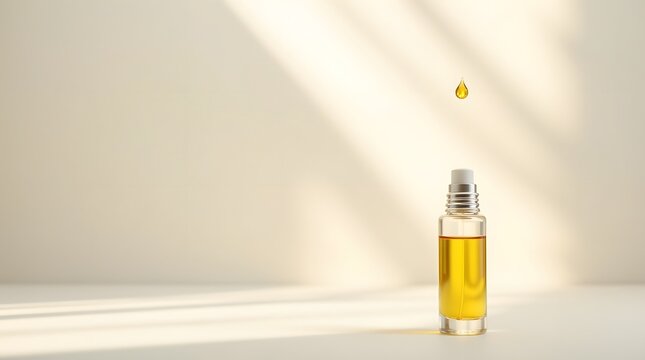 A drop of golden essential oil hovers above a glass roller bottle, softly illuminated by natural light.