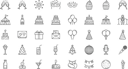 Party, celebration, holiday, festival, birthday, Christmas, New Year, drinks, balloons, gifts, music icons, black and white vector set, outline