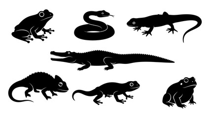 Flat Graphic Monochrome Vector Silhouettes of Amphibians and Reptiles