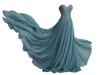 Elegant Gown: A flowing gown of ethereal beauty, its teal fabric cascading in graceful waves, evoking the romance and sophistication of a special occasion.
