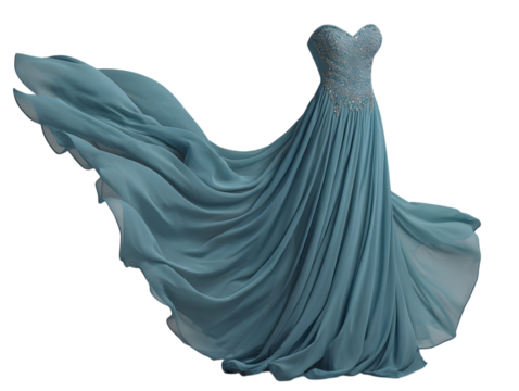 Elegant Gown: A flowing gown of ethereal beauty, its teal fabric cascading in graceful waves, evoking the romance and sophistication of a special occasion.